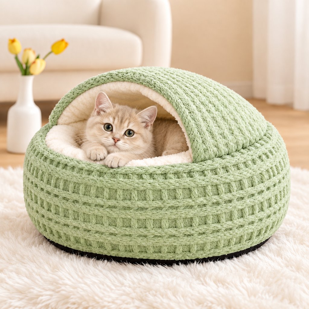 Calming Hooded Cat Cave Bed – Semi-Enclosed Covered Sleeping Dome Nest for Indoor Pets