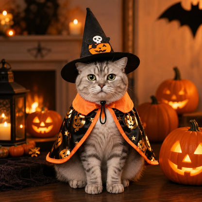 Halloween Cape Cat Costume Set – Witch Hat with Pumpkin Print for Holiday Dress-Up and Photos