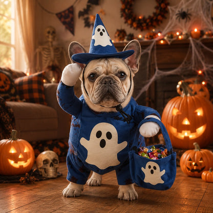 Glow Ghost Pet Costume – Luminous Trick-or-Treat Cosplay Apparel with Hat and Treat Bucket