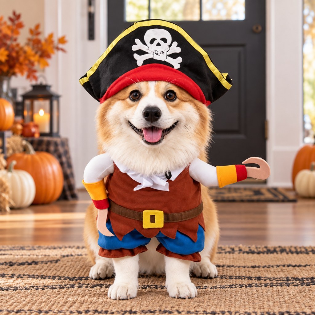Funny Pirate Dog Costume – Halloween Party Outfit with Skull Hat and Hook Arms