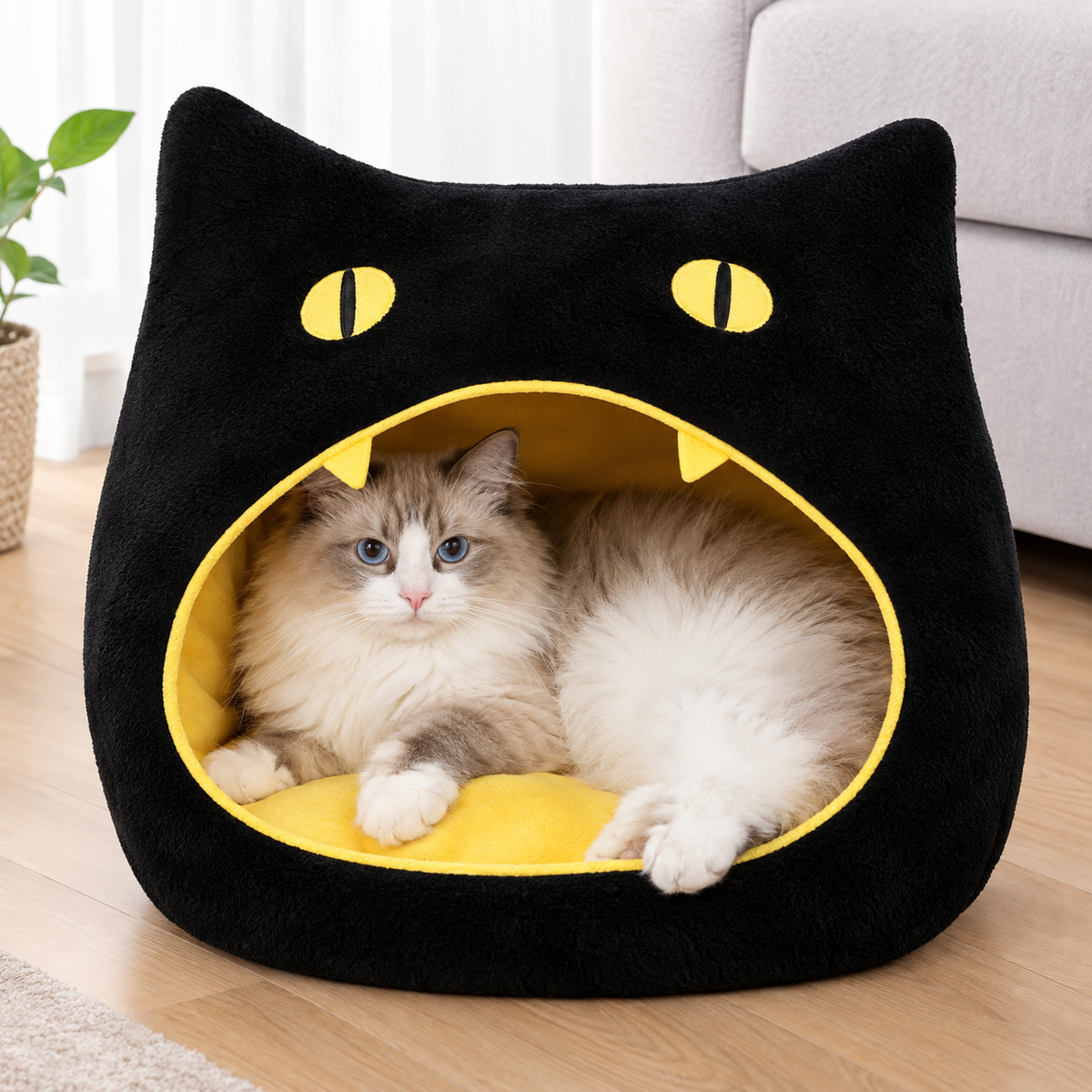 Halloween Cozy Cat Cave Bed – Covered Indoor Pet Tent House with Removable Cushion