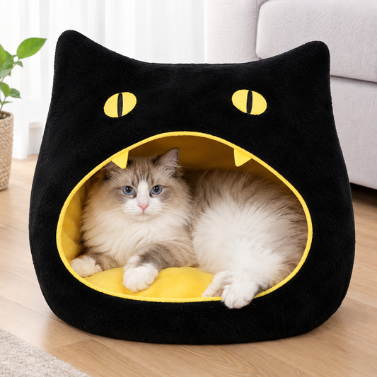 Halloween Cozy Cat Cave Bed – Covered Indoor Pet Tent House with Removable Cushion