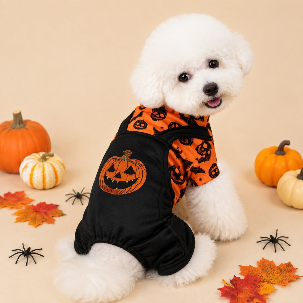 Festive Pumpkin Dog Jumpsuit – Spooky Halloween Costume Apparel for Puppy Parties and Holiday Trick-or-Treating Photos