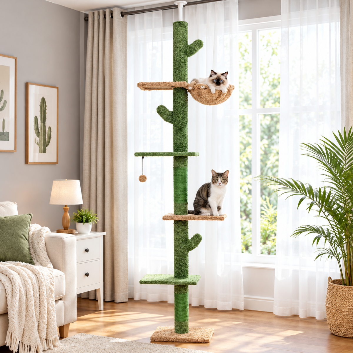 Cactus Floor-to-Ceiling Cat Tree – Tall Indoor Climbing Tower with Scratching Post Hammock and Hanging Ball