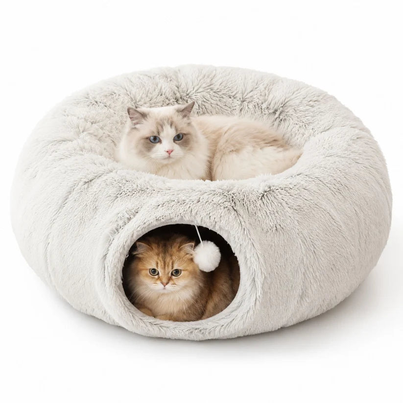 Cozy Tunnel Cat Bed – Donut Cave Hideaway with Hanging Interactive Toy for Indoor Sleeping and Playing