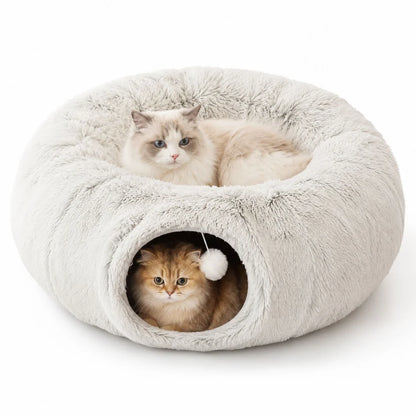 Cozy Tunnel Cat Bed – Donut Cave Hideaway with Hanging Interactive Toy for Indoor Sleeping and Playing