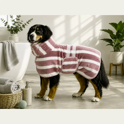 Striped Fast-Drying Dog Bathrobe – High-Neck Pet Drying Coat for Post-Bath Grooming