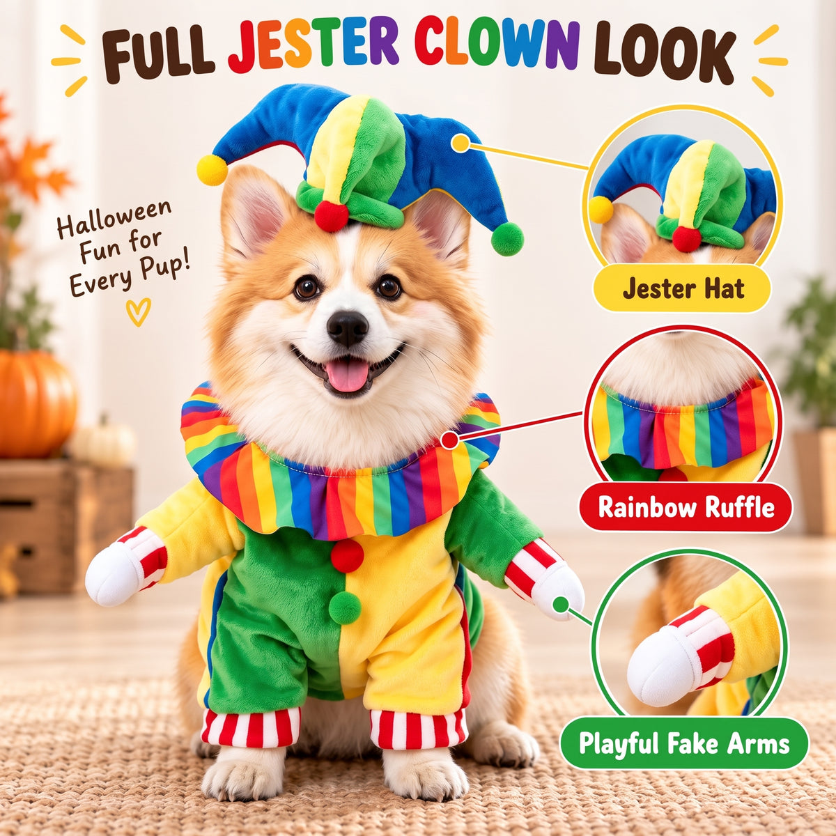Jester Clown Dog Costume – Funny Halloween Pet Outfit with Jester Hat and Rainbow Ruffle Collar