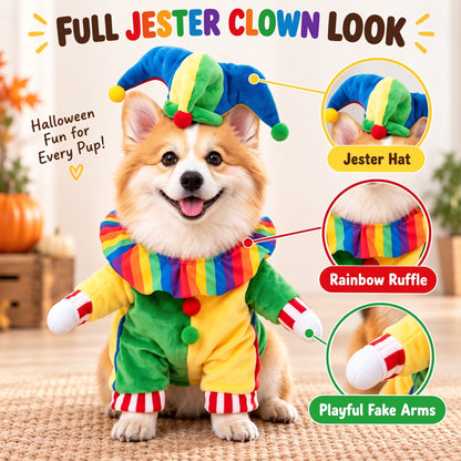Jester Clown Dog Costume – Funny Halloween Pet Outfit with Jester Hat and Rainbow Ruffle Collar