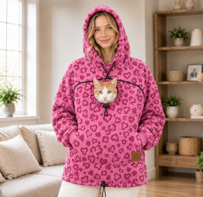 Hands-Free Cuddle Fleece Pattern Pet Carrier Hoodie – Kangaroo Pouch Sweatshirt with Cinch Head Opening and Zipper Pockets
