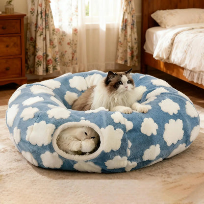 Interactive 2-in-1 Cat Tunnel Bed – Convertible Round Donut Cave with Hanging Toy Ball for Indoor Cats & Kittens