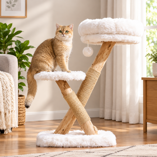 Cozy Modern Cat Tree – Elevated Perch Lounger With Scratching Post and Hanging Ball