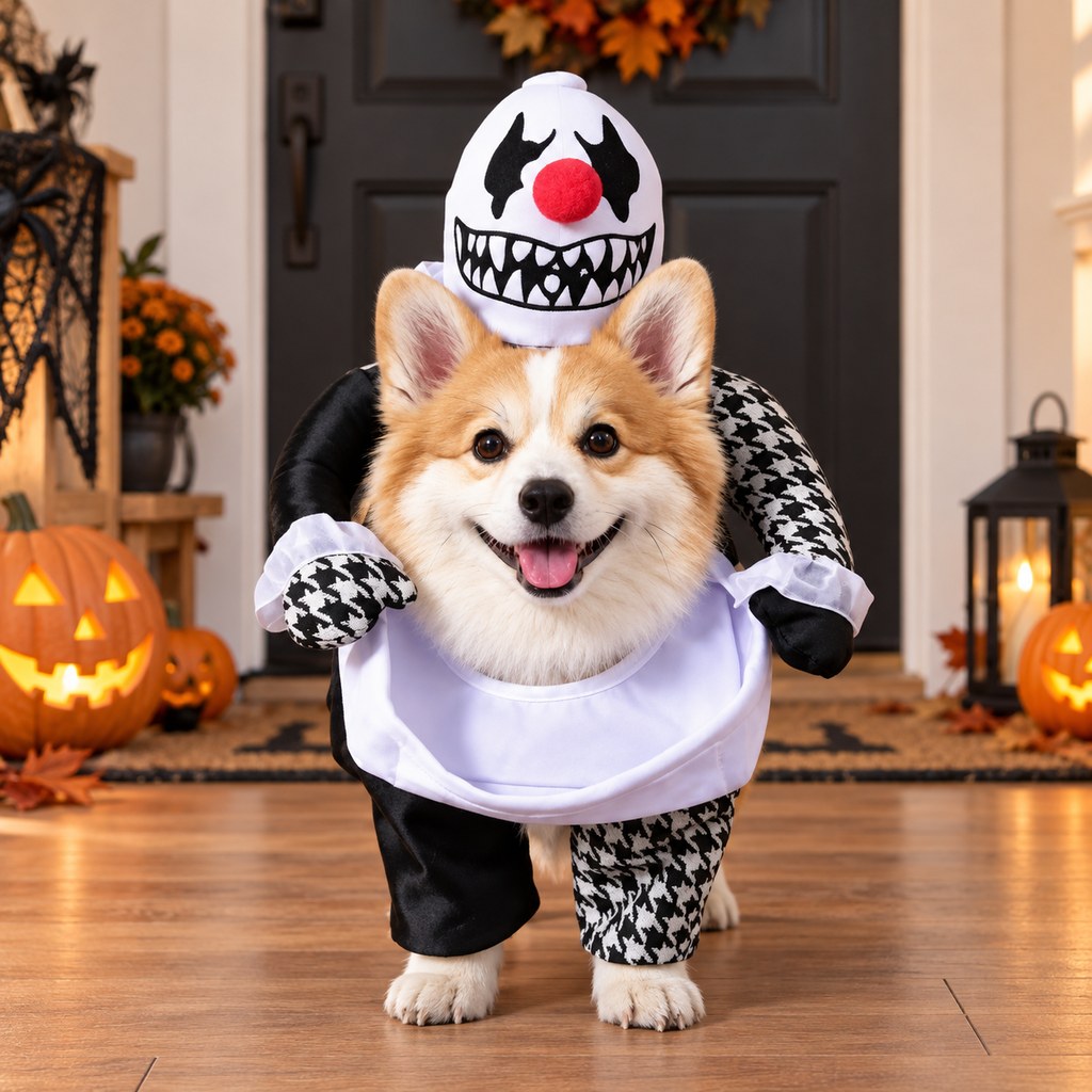 Spooky Clown Dog Costume – Walking Halloween Outfit with Fake Arms and Jester Headpiece for Trick-or-Treating