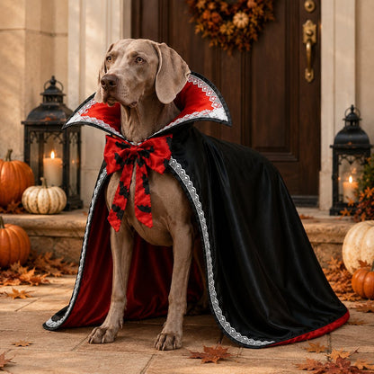 Vampire Cape Dog Halloween Costume – Dracula Cloak with Lace Trim Collar and Bat Bowknot for Parties