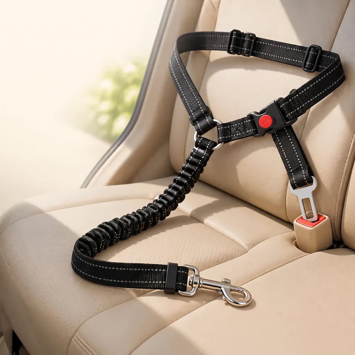 Shock-Absorbing Dog Car Seatbelt – Bungee Vehicle Safety Tether with Reflective Headrest Restraint Strap and Swivel Hook
