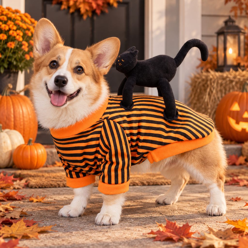 Cat Rider Halloween Dog Costume – Striped Orange-and-Black Pullover Outfit for Trick-or-Treating and Pet Parties