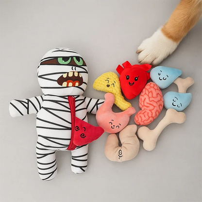 Halloween Mummy Dog Toy – Interactive Squeaky Plush Hide-and-Seek Burrow Puzzle with Removable Organs for Playful Pets