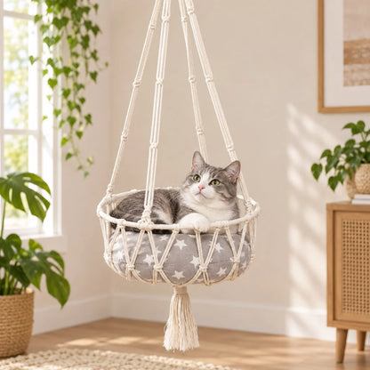 Cozy Hanging Cat Bed – Elevated Indoor Hammock Perch with Star-Pattern Cushion