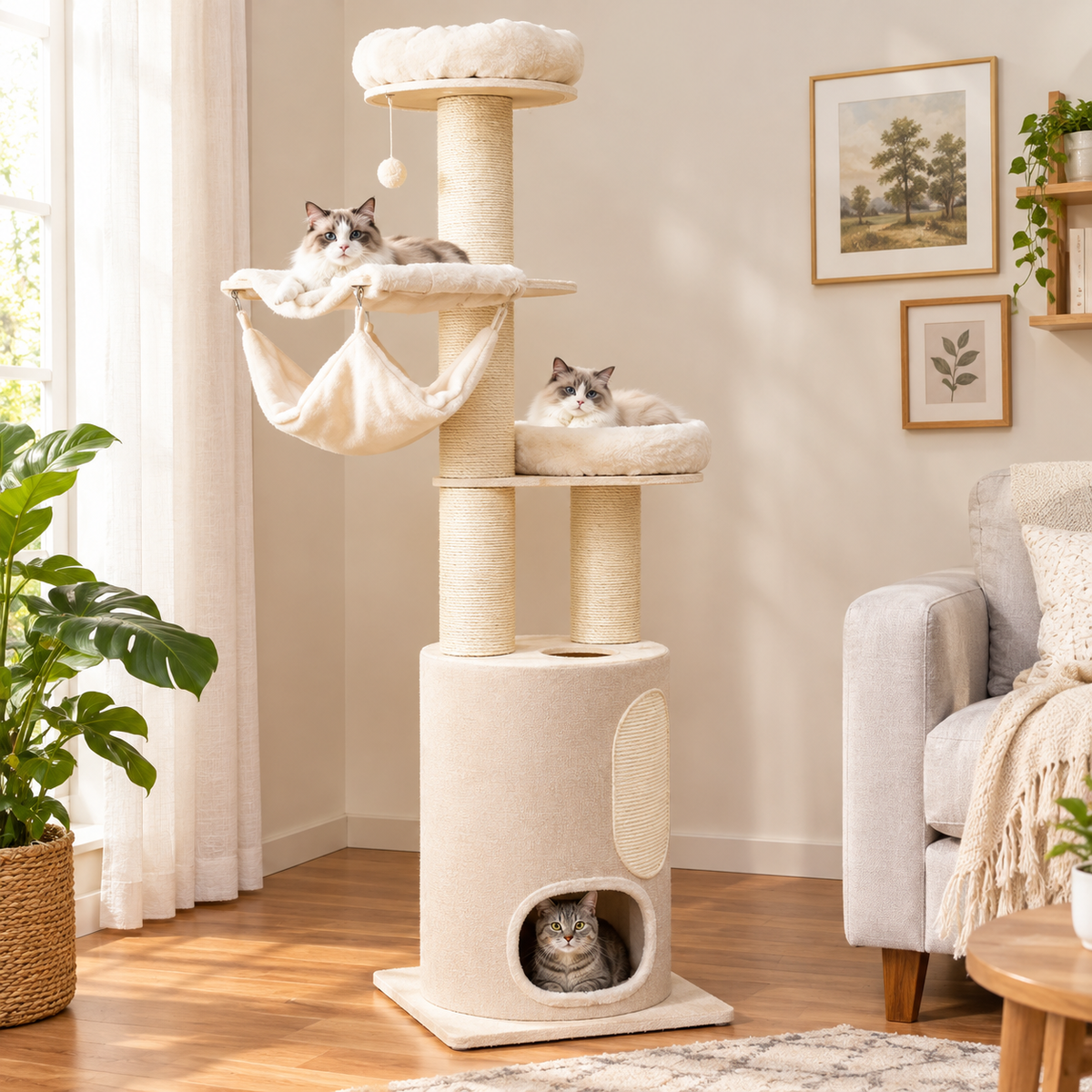 Multi-Level Tall Cat Tree – Indoor Activity Tower With Condo Hammock Scratching Posts And Dangling Play Ball
