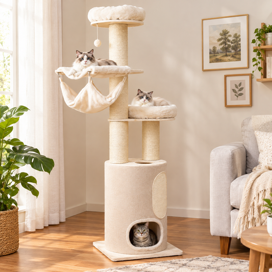 Multi-Level Tall Cat Tree – Indoor Activity Tower With Condo Hammock Scratching Posts And Dangling Play Ball