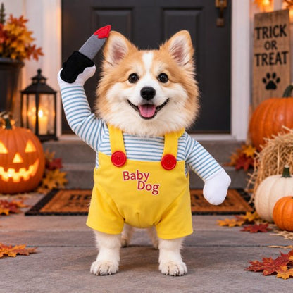 Spooky Doll Pet Halloween Costume – Funny Walking Illusion Outfit with Faux Knife for Parties and Photos