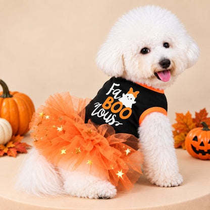 Halloween Tutu Dog Dress – Festive Pumpkin Star Print Costume Outfit for Holiday Parties