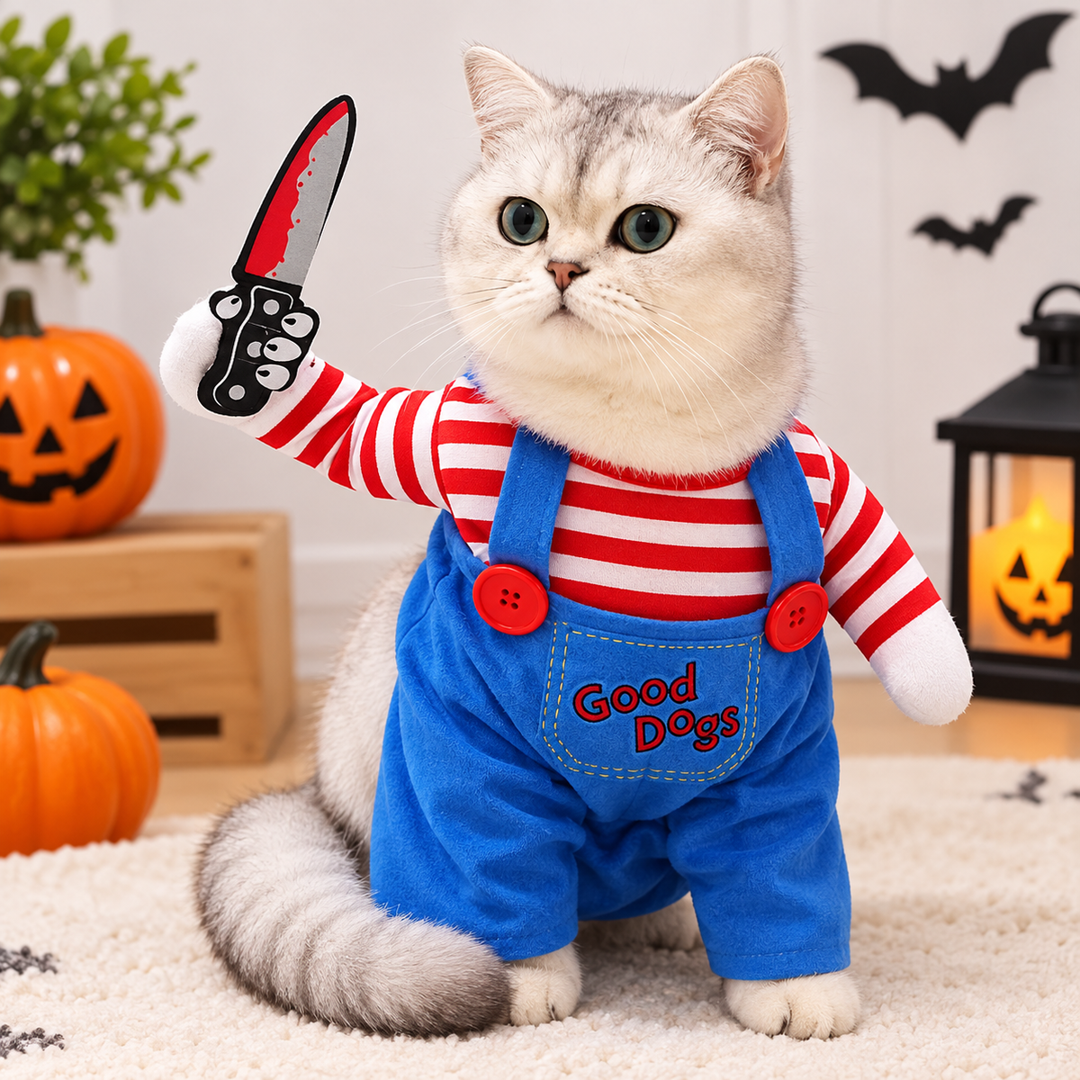 Spooky Cosplay Pet Halloween Costume – Striped Overalls Jumpsuit with Toy Knife for Holiday Dress-Up