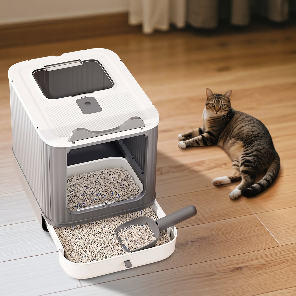 Enclosed Pull-Out Cat Litter Box – Top-Exit Door with Scoop and Anti-Tracking Lid for Indoor Kittens