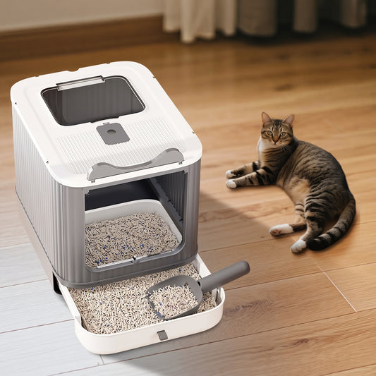Enclosed Pull-Out Cat Litter Box – Top-Exit Door with Scoop and Anti-Tracking Lid for Indoor Kittens