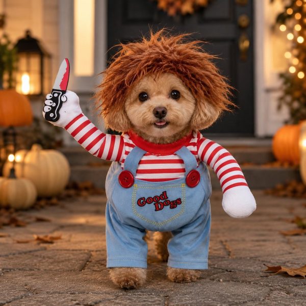 Scary Doll Dog Costume – Walking Illusion Pet Outfit with Wig & Prop Toy Knife for Halloween Trick-or-Treating