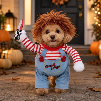 Scary Doll Dog Costume – Walking Illusion Pet Outfit with Wig & Prop Toy Knife for Halloween Trick-or-Treating