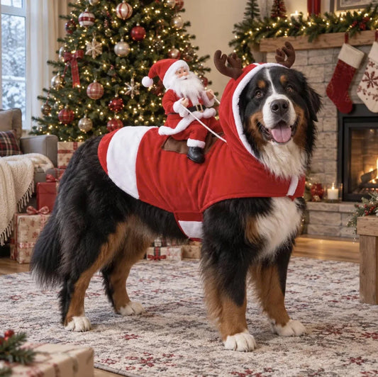 Reindeer Santa Dog Costume – Festive Holiday Plush Rider Pet Cosplay Outfit With Antler Hood