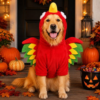 Festive Hooded Pet Costume – Colorful Winged Bird Outfit for Dogs and Cats Holiday Photos