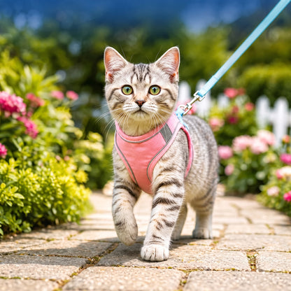 Escape-Proof Reflective Cat Harness – Adjustable Step-In Walking Vest with Matching Leash for Outdoor Safety