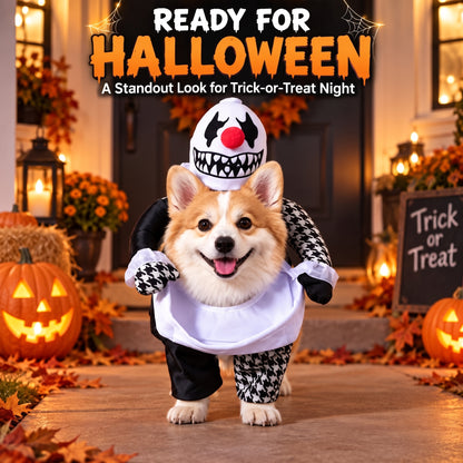 Spooky Clown Dog Costume – Walking Halloween Outfit with Fake Arms and Jester Headpiece for Trick-or-Treating