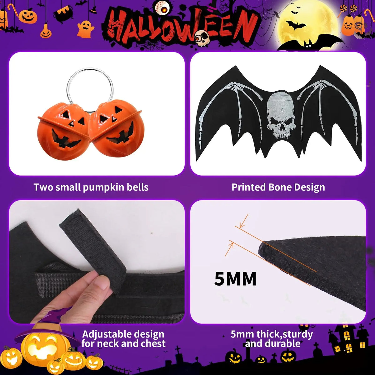 Skeleton Bat Dog Costume – Halloween Pet Wings with Pumpkin Bells for Spooky Party Dress-Up