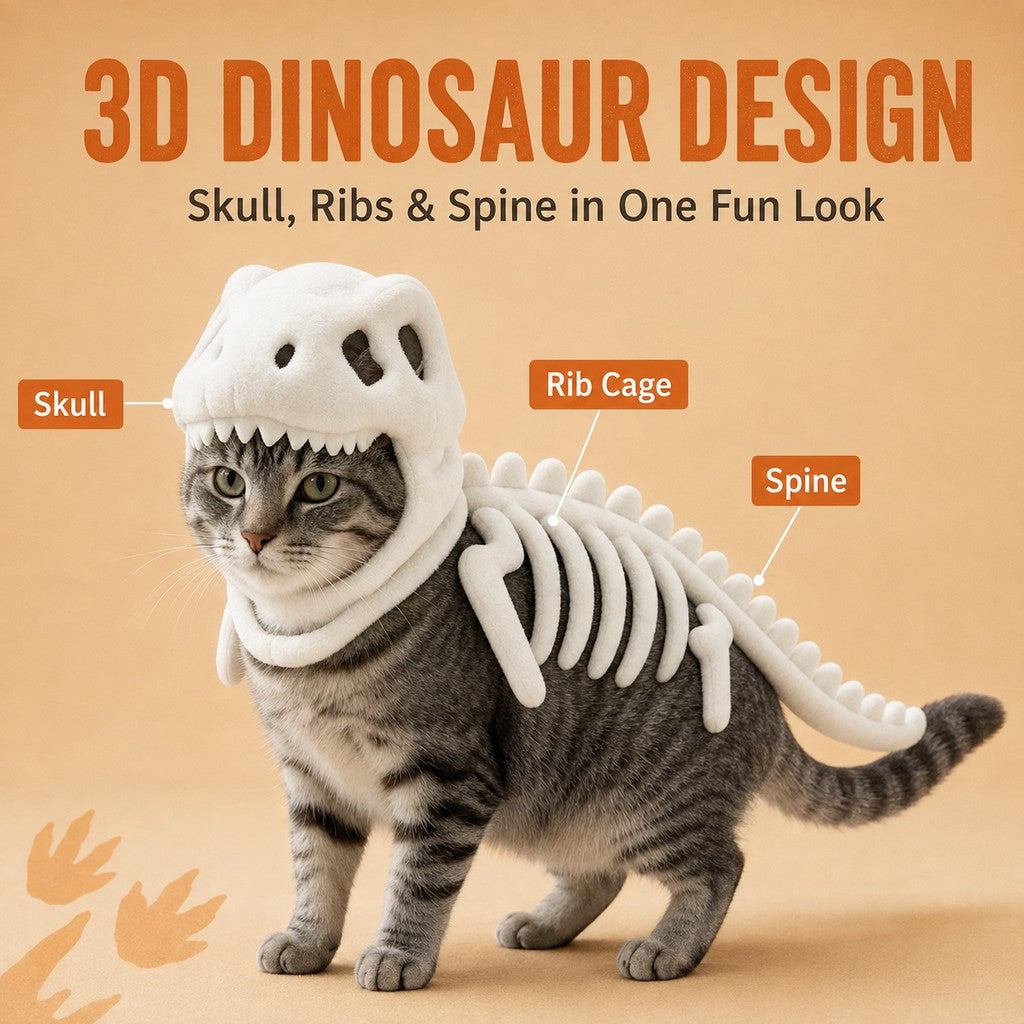Dinosaur Skeleton Pet Costume – Halloween 3D Skull Hood Cat Cosplay Outfit