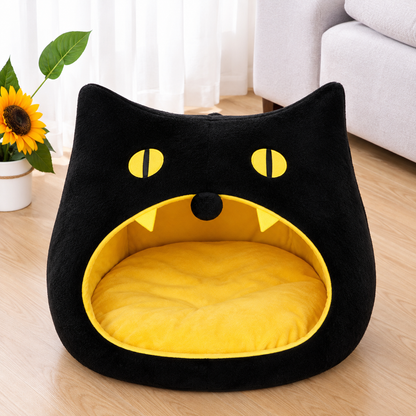 Halloween Cozy Cat Cave Bed – Covered Indoor Pet Tent House with Removable Cushion