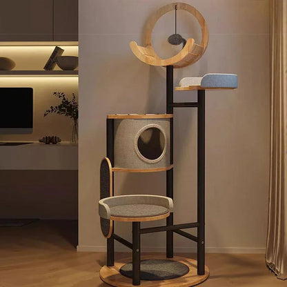 Fawlo Modern Multi-Level Cat Tree – Indoor Pet Furniture Tower with Enclosed Condo, Curved Top Perch, Dangling Toy Ball and Scratching Board