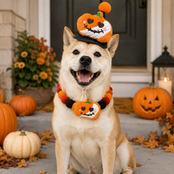 Festive Halloween Pet Costume Set – Cute Pom-Pom Collar And Hat For Cats And Dogs
