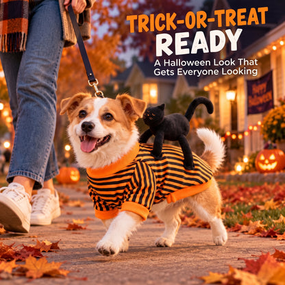Cat Rider Halloween Dog Costume – Striped Orange-and-Black Pullover Outfit for Trick-or-Treating and Pet Parties