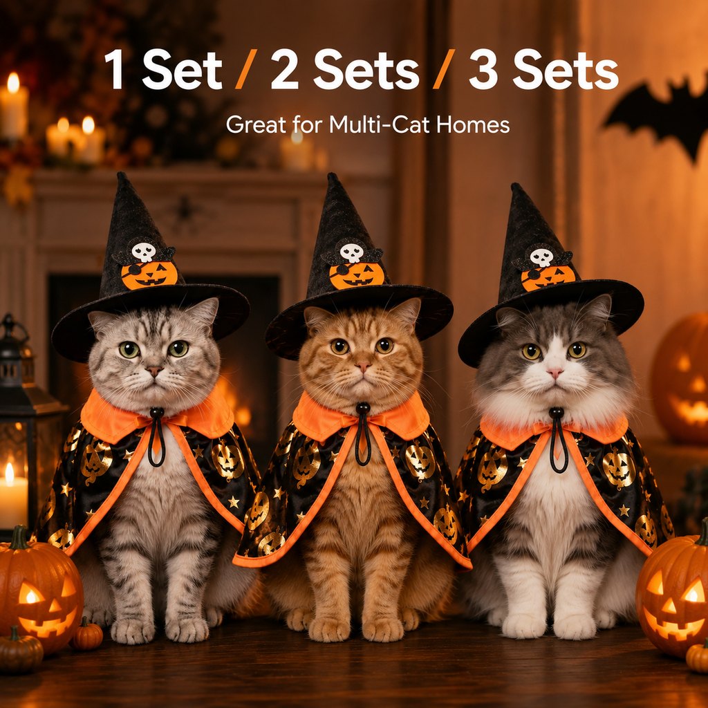 Halloween Cape Cat Costume Set – Witch Hat with Pumpkin Print for Holiday Dress-Up and Photos