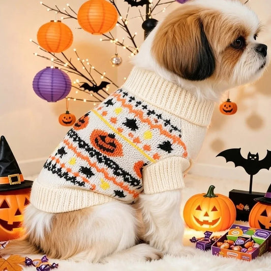 Cozy Pumpkin Dog Sweater – Halloween Pet Apparel with Turtleneck Collar for Cold-Weather Holiday Walks