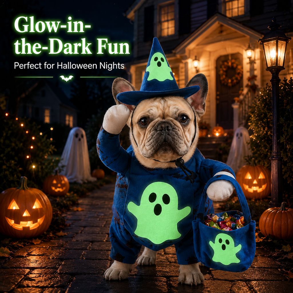 Glow Ghost Pet Costume – Luminous Trick-or-Treat Cosplay Apparel with Hat and Treat Bucket