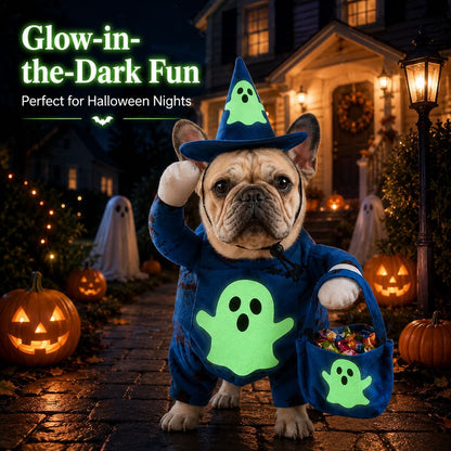 Glow Ghost Pet Costume – Luminous Trick-or-Treat Cosplay Apparel with Hat and Treat Bucket