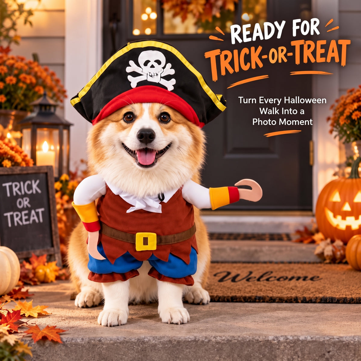 Funny Pirate Dog Costume – Halloween Party Outfit with Skull Hat and Hook Arms