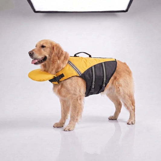 Buoyant Chin-Rest Dog Life Jacket – High-Visibility Swim Vest with Rescue Grab Handle and Reflective Safety Accents