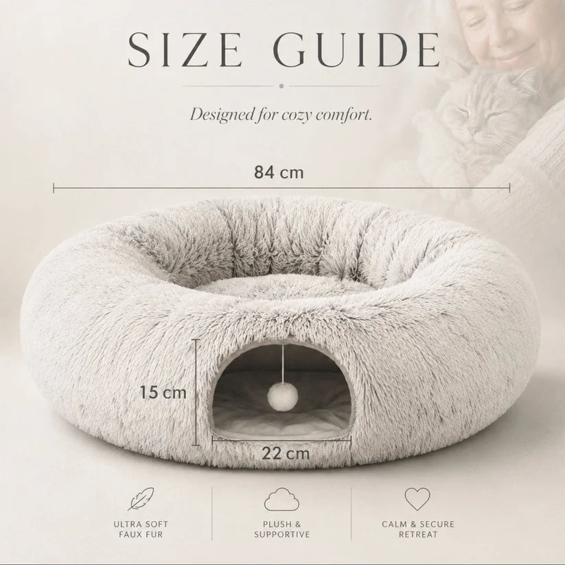 Cozy Tunnel Cat Bed – Donut Cave Hideaway with Hanging Interactive Toy for Indoor Sleeping and Playing