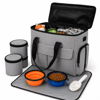 Pet Travel Organizer Bag – Multi-Pocket Weekend Road Trip Tote with Collapsible Bowls, Food Containers & Feeding Mat