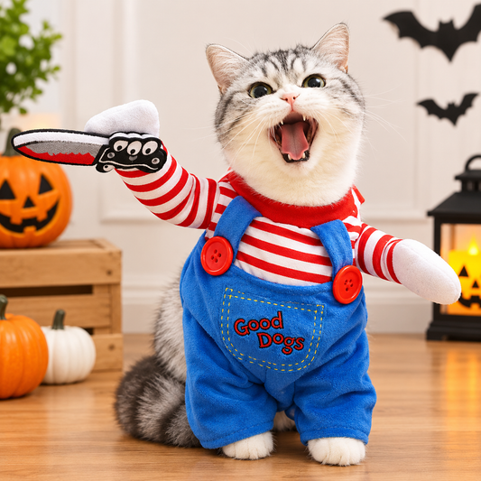 Spooky Cosplay Pet Halloween Costume – Striped Overalls Jumpsuit with Toy Knife for Holiday Dress-Up
